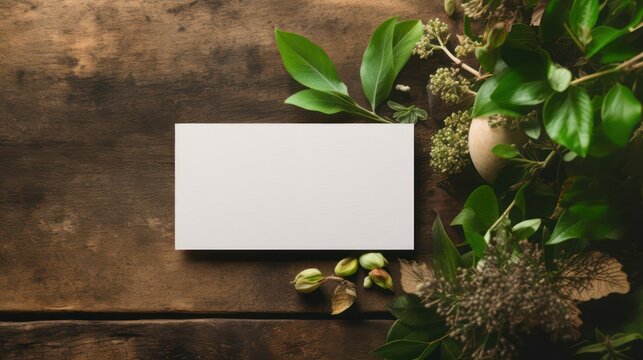 Greeting card mockup template with natural organic foliage plant decoration, on wooden board background.