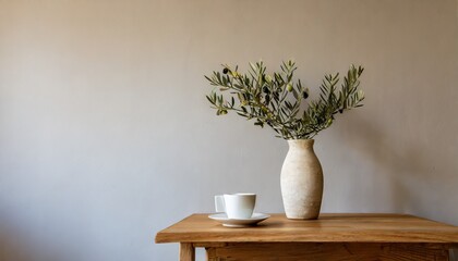 neutral mediterranean home design textured vase with olive tree branches cup of coffee books on wooden table living room still life empty wall copy space modern interior no people lateral view