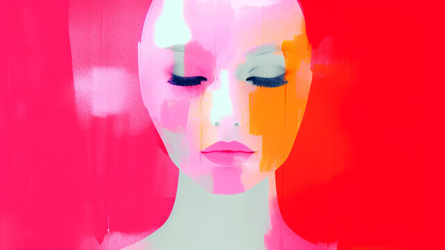 This image features an abstract mannequin head with a serene expression, bold pink and orange color splashes against a vivid red background.Fashion concept. AI generated.