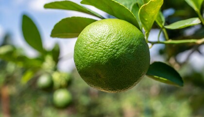 green lime a citrus fruit with lime leaves on tree branch twig