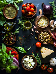 Fototapeta na wymiar ingredients of the Mediterranean diet organized under on flat lay background