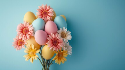 Fototapeta na wymiar Easter Egg Bouquet on Blue Background. Generative ai