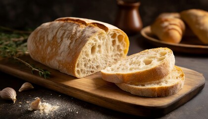 Fresh ciabatta bread sliced on wooden board. Delicious Italian bakery - obrazy, fototapety, plakaty