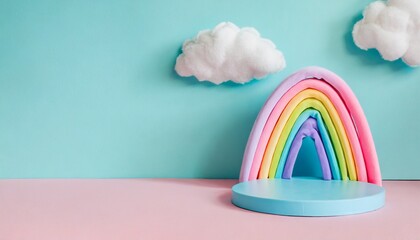 3d rendering podium colourful and childish style colourful background clouds rainbow and weather...