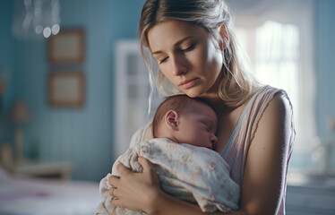 Beautiful portrait of calm young woman hugging little baby child while it sleeping on mother's breast litted soft light. Mental health, motherness, kids' beauty and lifestyle concept image. - obrazy, fototapety, plakaty