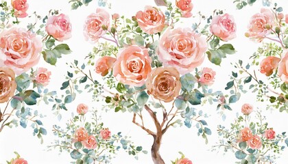 watercolor garden rose bouquet blooming tree seamless pattern chinoiserie floral texture on white