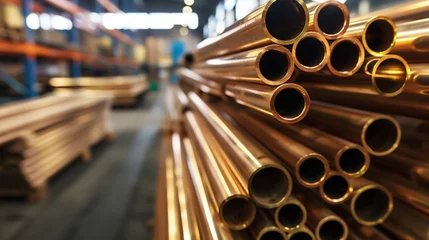 Fotobehang Stack of Polished Bronze Tubes at Industrial Warehouse. Generative ai © Scrudje