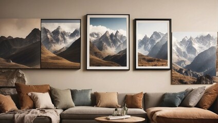 Pictures hanging on wall of mountains Generative AI