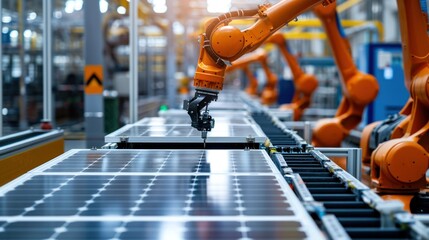 Solar panel production line with robotic arm at state-of-the-art solar cell manufacturing facility
