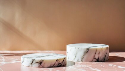 Fototapeta na wymiar podium modern marble minimalist product studio empty platform in warm marble and soft peach pink cream soft pastels