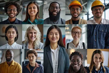 Multiple screens: A diverse group of smiling professionals. The world's happiest people