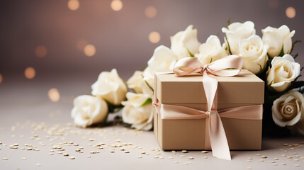 Walentynki 14 lutego - romantyczne minimalistyczne tło na życzenia. Mockup, szablon z prezentem, sercem i dekoracjami dla zakochanych. Symbol wyznana uczuć miłości. Kwiaty dla zakochanej kobiety