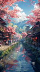 Fototapeta premium Japanese street in spring, small river overlooking cherry trees children on bicycles dogs running around, afternoon, beautiful atmosphere