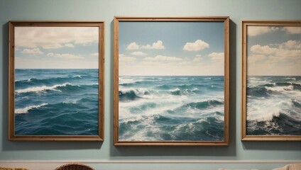 Pictures hanging on wall of ocean Generative AI