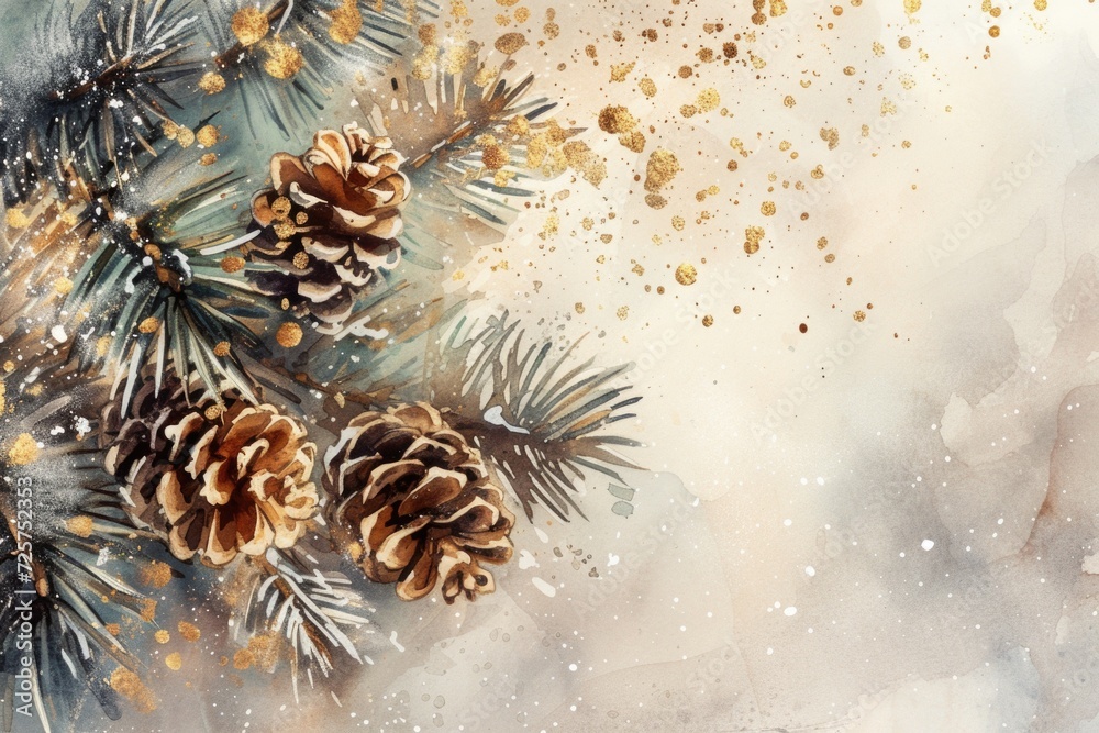 Poster A beautiful painting of pine cones on a branch. Perfect for adding a touch of nature to any space