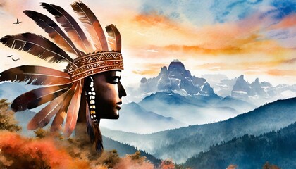 native american silhouette head morphing into mountains landscape feathers or totem animal watercolor style generative