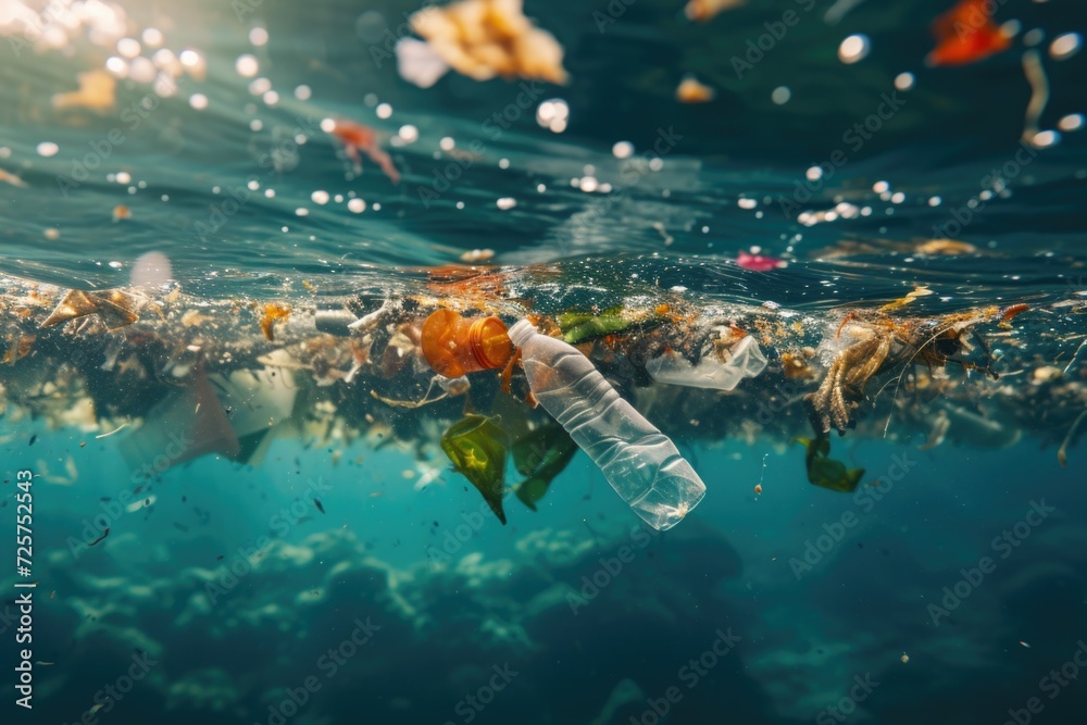 Poster a plastic bottle floating on top of a body of water. can be used to highlight environmental pollutio