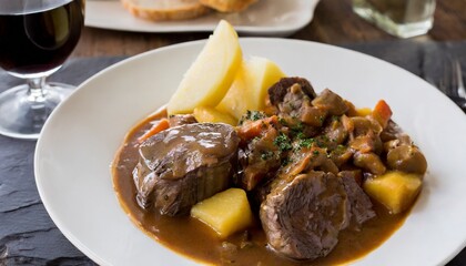beef bourguignon in a white ceramic plate with a glass of wine
