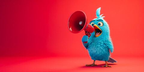 Blue bird with megaphone making an announcement generative ai