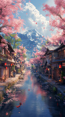Japanese street in spring, small river overlooking cherry trees children on bicycles dogs running around, afternoon, beautiful atmosphere