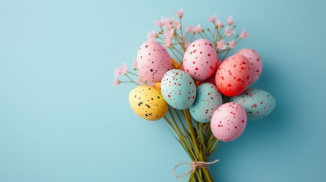 Easter Egg Bouquet on Blue Background. Generative ai