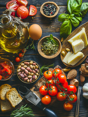 ingredients of the Mediterranean diet organized under on flat lay background
