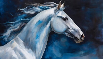 Obraz na płótnie Canvas a painting showing a horse s head in the style of light silver and blue