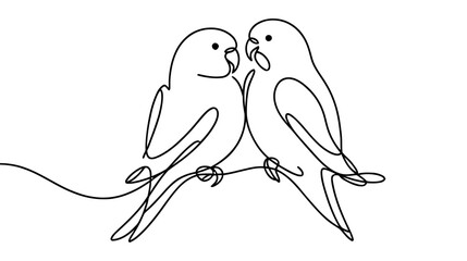 Vector one line illustration with two parrots on a branch on white background.