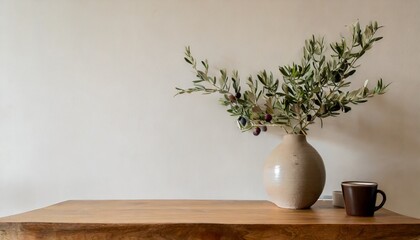 neutral mediterranean home design textured vase with olive tree branches cup of coffee books on wooden table living room still life empty wall copy space modern interior no people lateral view