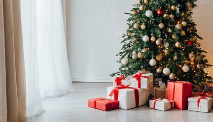 christmas tree and gift boxes in light white room interior