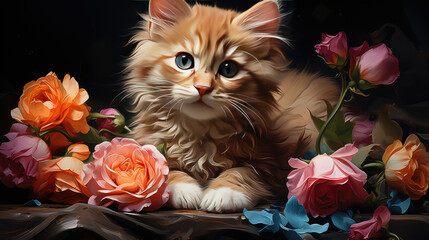 A fluffy ginger kitten with a playful expression surrounded by bright roses of orange, pink and blue colors - obrazy, fototapety, plakaty