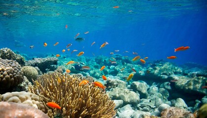 Fototapeta na wymiar colourful fish swimming in underwater coral reef landscape deep blue ocean with colorful fish and marine life