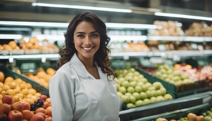 Smiling hispanic female supermarket fruit section worker looking at the camera