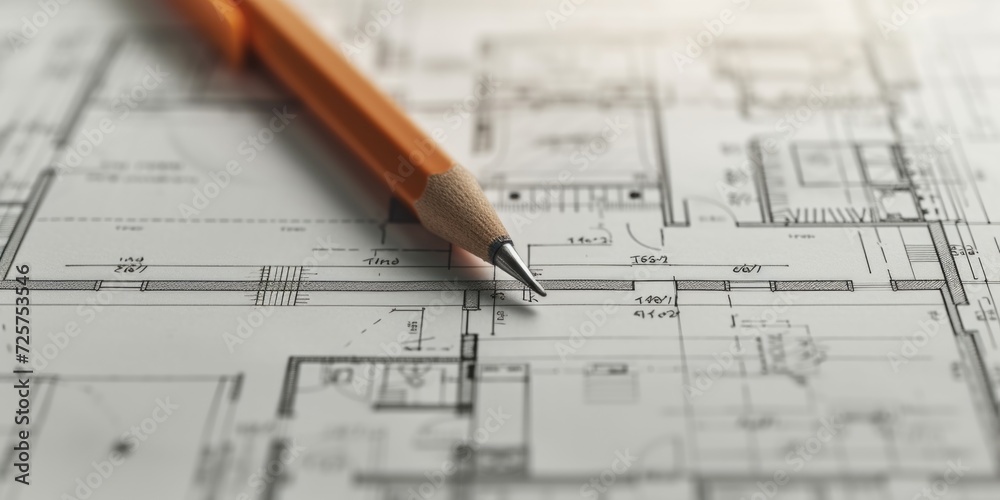 Poster a pencil sitting on top of a blueprint. suitable for architectural design, engineering projects, or 