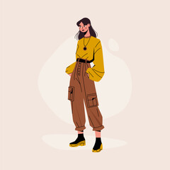 Fashionable flat girl. Young trendy women in stylish casual hipster clothes, trendy fashionista character, social media influencer. Vector cartoon illustration