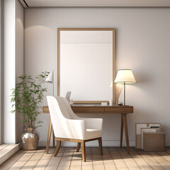  chair is positioned in front of a table, which holds a lamp and a mirror frame ,  plant in vase is situated beside the chair, color of wall  beige white , wooden floor