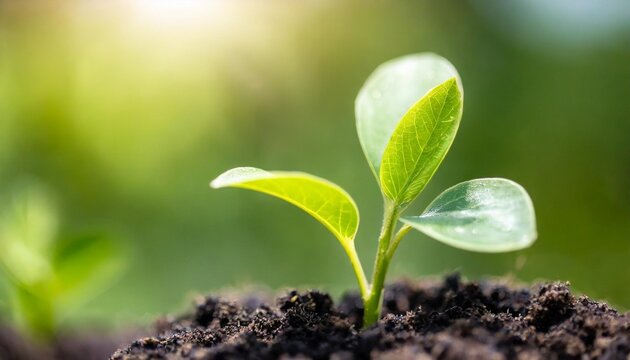 a close up macro photo of a young green tree plant sprout growing up from the black soil sunshine shinning a light growth new life concept