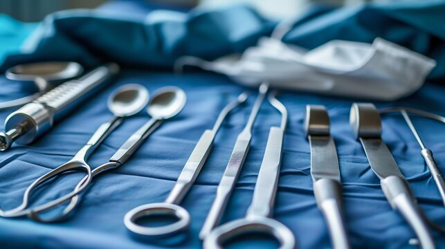 Surgical Instruments on Blue Drapery. Generative ai