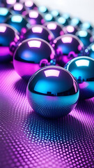 Metal glossy balls, spheres on a neon background.