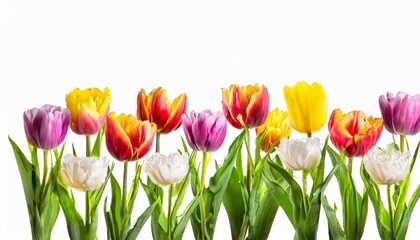 spring tulip flowers in a row isolated on white