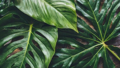 closeup nature view of palms and monstera and fern leaf background flat lay dark nature concept tropical leaf