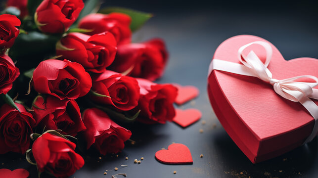 Walentynki 14 lutego - romantyczne minimalistyczne tło na życzenia. Mockup, szablon z prezentem, sercem i dekoracjami dla zakochanych. Symbol wyznana uczuć miłości. Kwiaty dla zakochanej kobiety