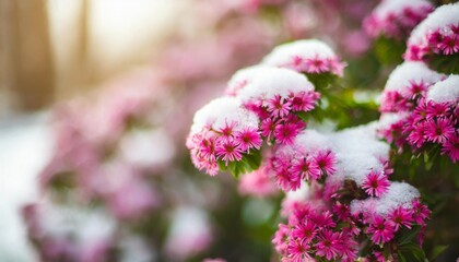 blooming pink flowers erica carnea in the snow spring background gardening concept - obrazy, fototapety, plakaty