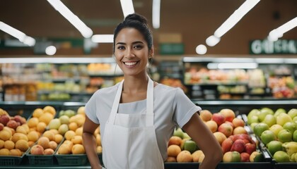Obraz premium Smiling hispanic female supermarket fruit section worker looking at the camera