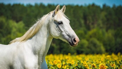 Obraz na płótnie Canvas beautiful white horse portrait in the meadow
