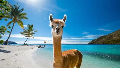 Foto op Canvas alpaca or lama on a tropical beach travel and wanderlust concept blue sea exotic vacation destination © Deanne