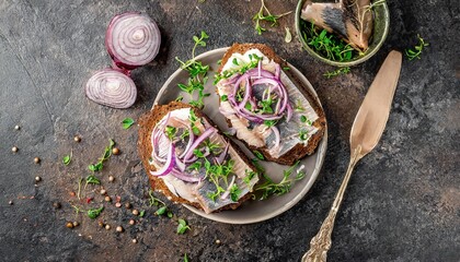 herring sandwich with rye bread red onion and microgreens dark rustic background top view flat lay