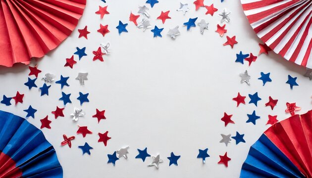 4th of july party concept top view flat lay of paper fans star shaped confetti on white background with blank space for text or ads