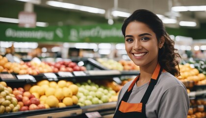 Smiling hispanic female supermarket fruit section worker looking at the camera