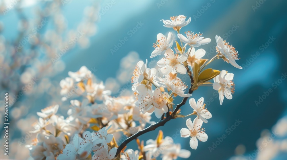 Poster A close-up view of a tree with beautiful white flowers. Perfect for nature enthusiasts or anyone looking to add a touch of elegance to their project